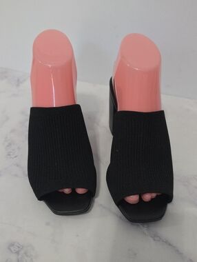 Mia Black Knit Open-Toe Block Heel Mules